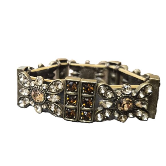 VTG Brass Stretch Bracelet with Clear/Champagne Rhinestones Floral Design Boho - Picture 5 of 5